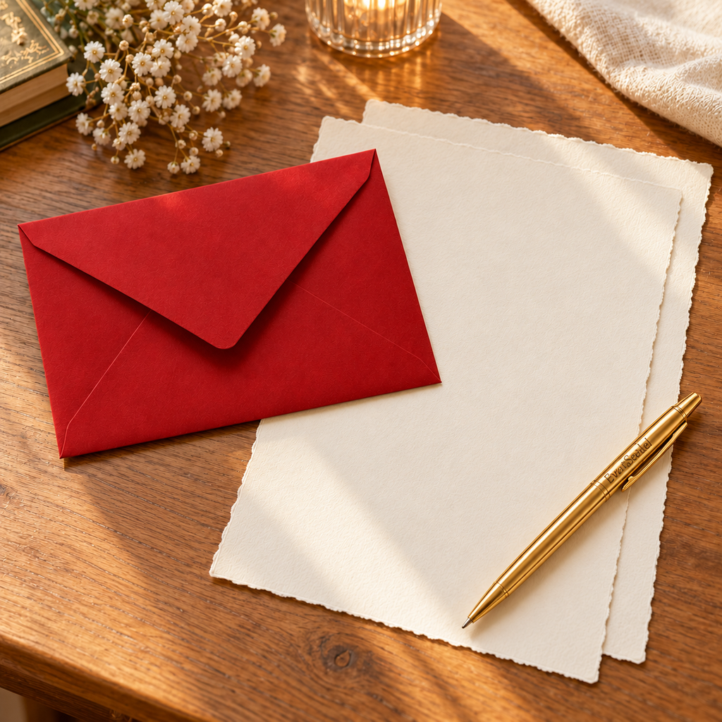 EverSealed writing set with unfolded cotton paper on a wooden desk; decorative background props not included