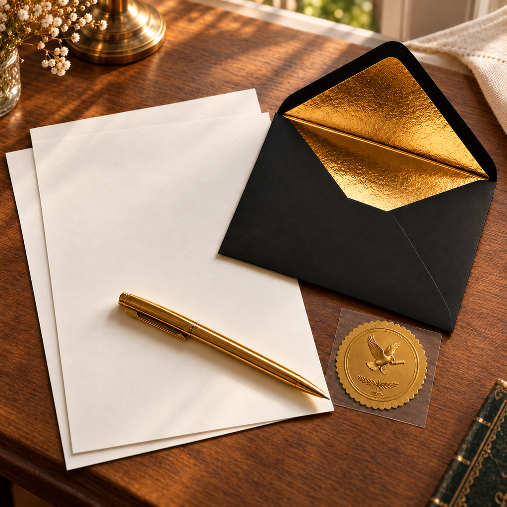 EverSealed writing set with unfolded cotton paper on a wooden desk; decorative background props not included