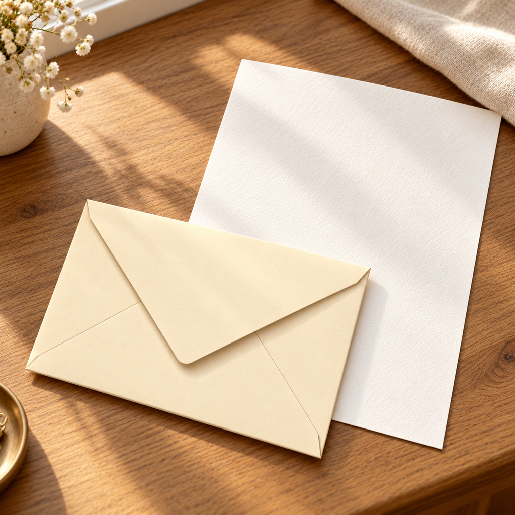 EverSealed stationery set with full cotton writing paper on a sunlit wooden desk; decorative props not included