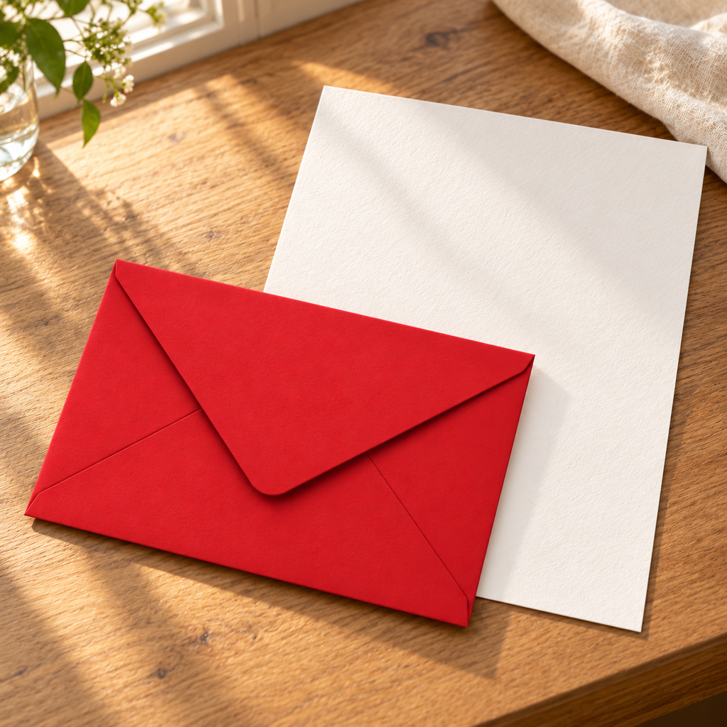 EverSealed stationery set with full cotton writing paper on a sunlit wooden desk; decorative props not included