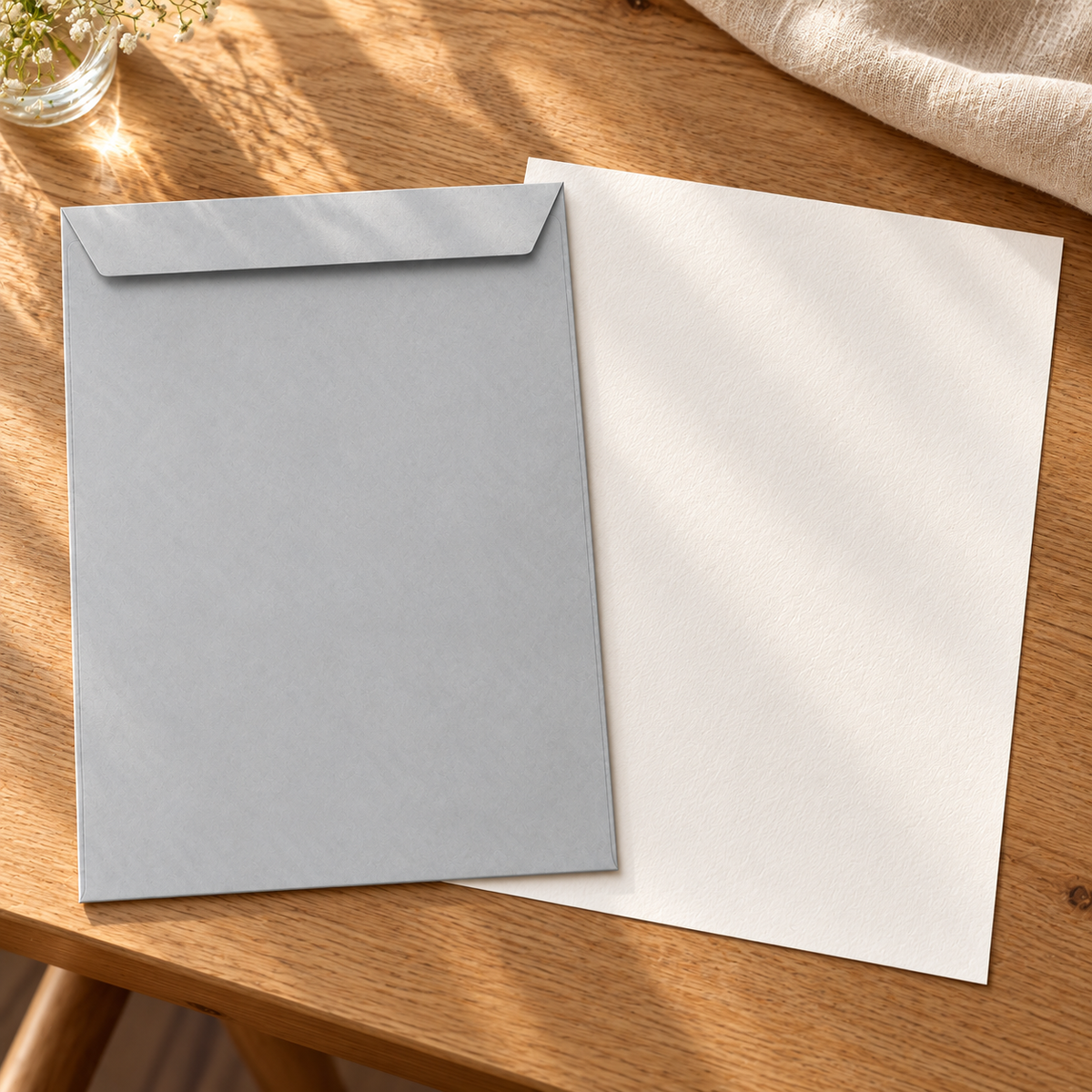 EverSealed stationery set with full cotton writing paper on a sunlit wooden desk; decorative props not included