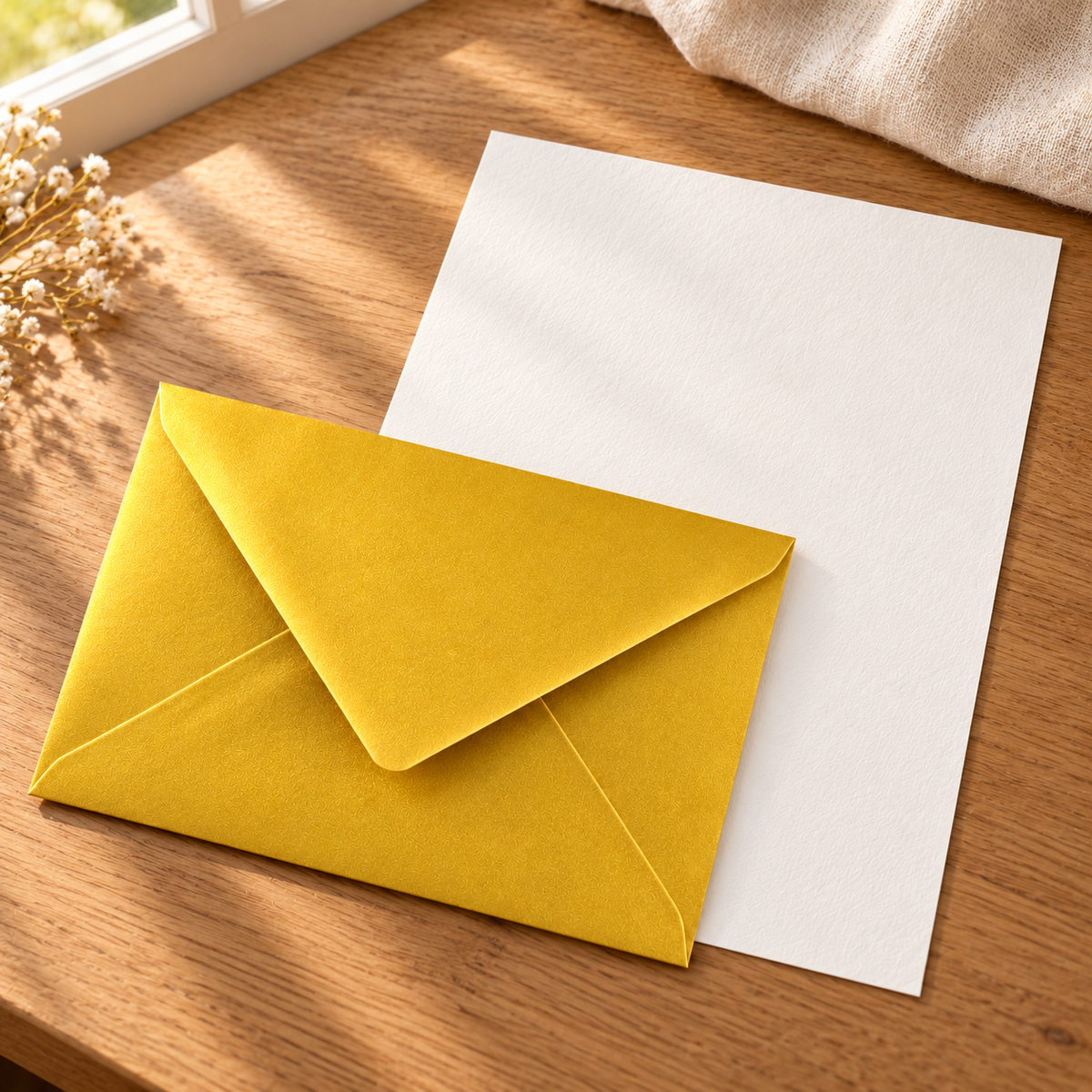 EverSealed stationery set with full cotton writing paper on a sunlit wooden desk; decorative props not included