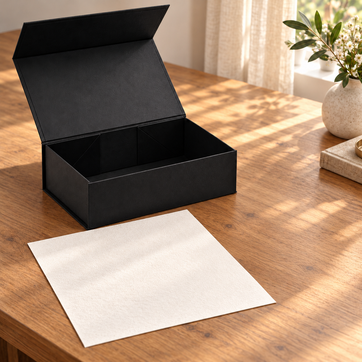 EverSealed writing set with unfolded cotton paper on a wooden desk; decorative background props not included
