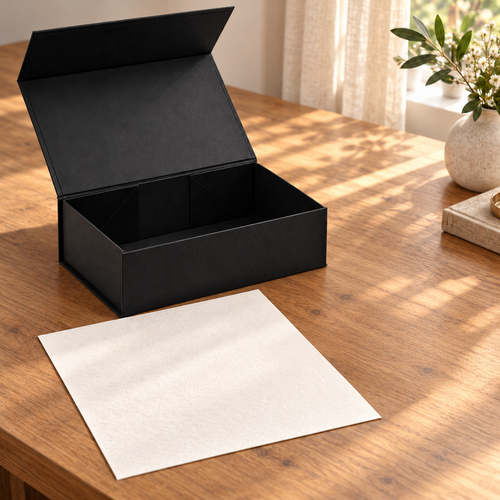 EverSealed writing set with unfolded cotton paper on a wooden desk; decorative background props not included