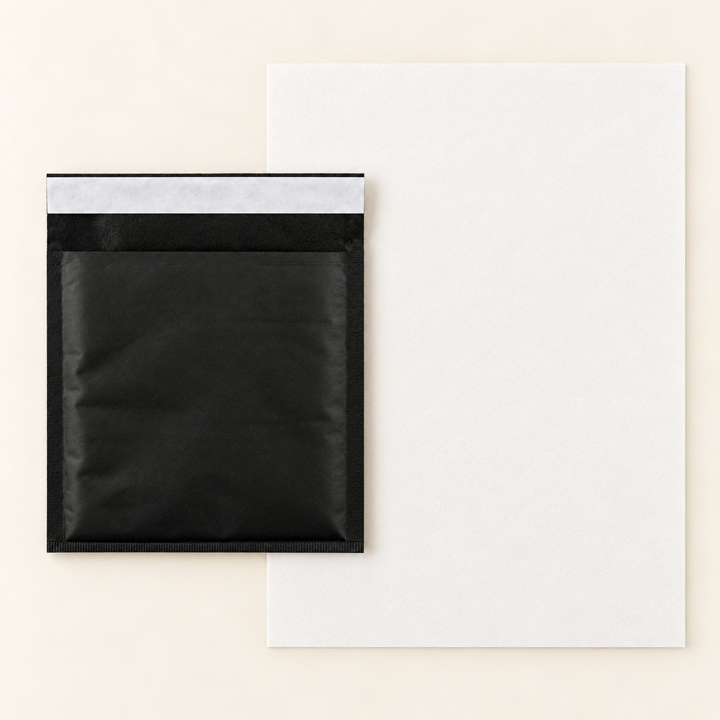 EverSealed black-padded-envelope with full unfolded cotton writing paper