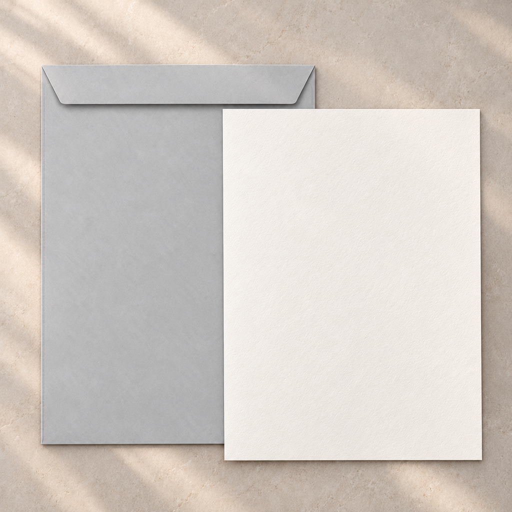 Pale Grey C4 envelope with one full unfolded cotton writing sheet