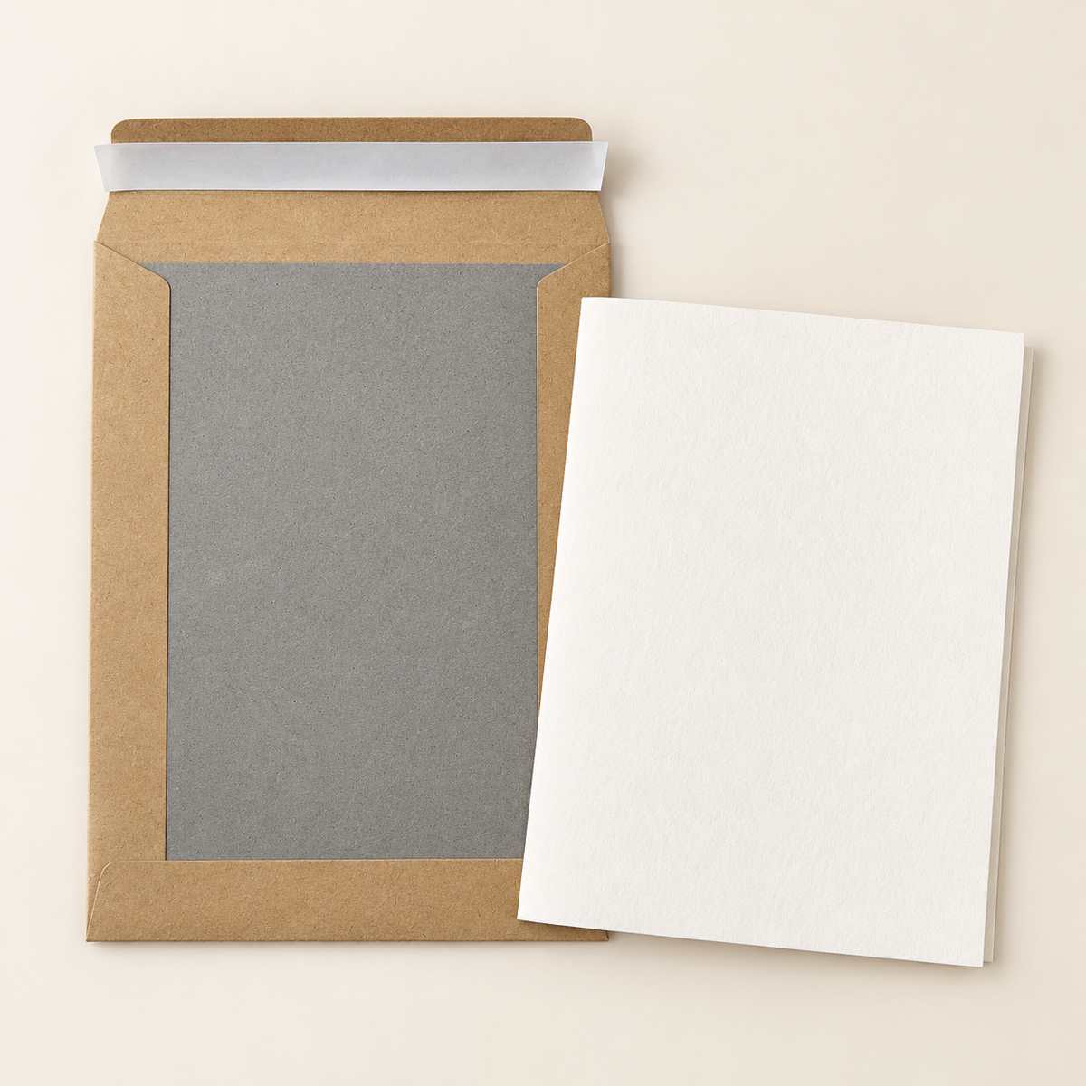 Kraft brown 235 × 162 mm board-backed envelope with grey board inside and one sheet of Original Crown Mill Pure Cotton writing paper