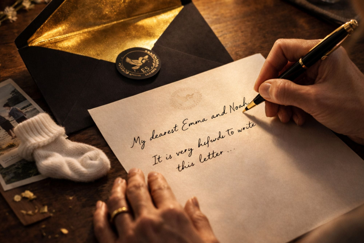 A handwritten Legacy Letter beside a sealed envelope, a family photograph and a keepsake.
