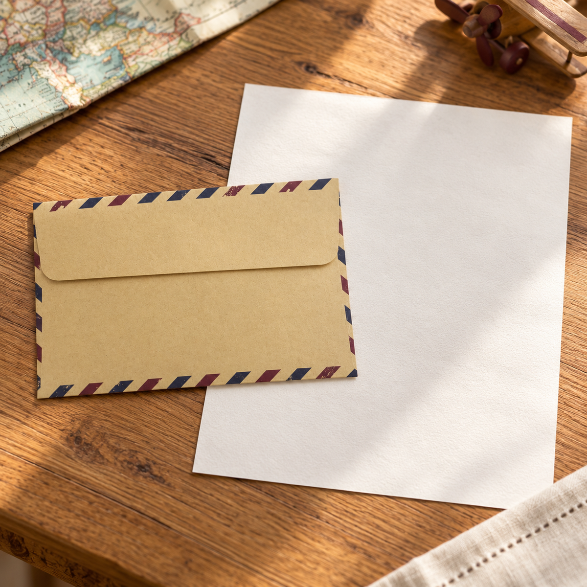 Small kraft airmail envelope and cotton writing paper on a wooden desk; map and toy aeroplane are styling props, not included
