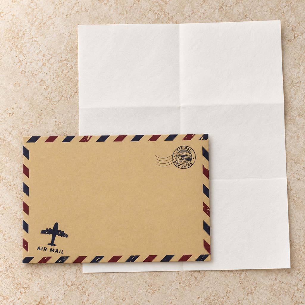Front of the Little Adventures kraft airmail envelope with aeroplane motif and vintage postmark, beside a full cotton writing sheet