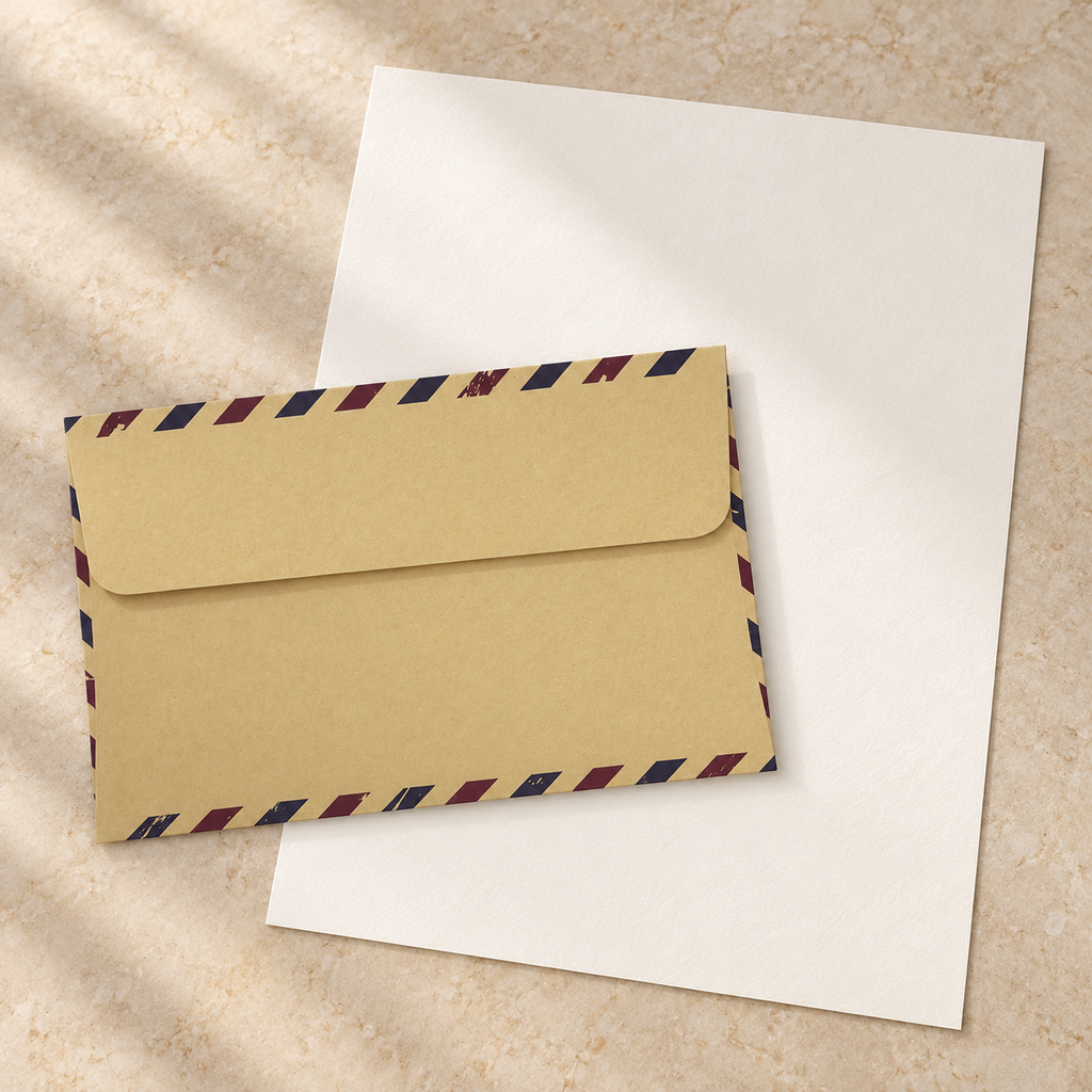 Small kraft airmail envelope with navy and burgundy stripes and one blank cotton writing sheet