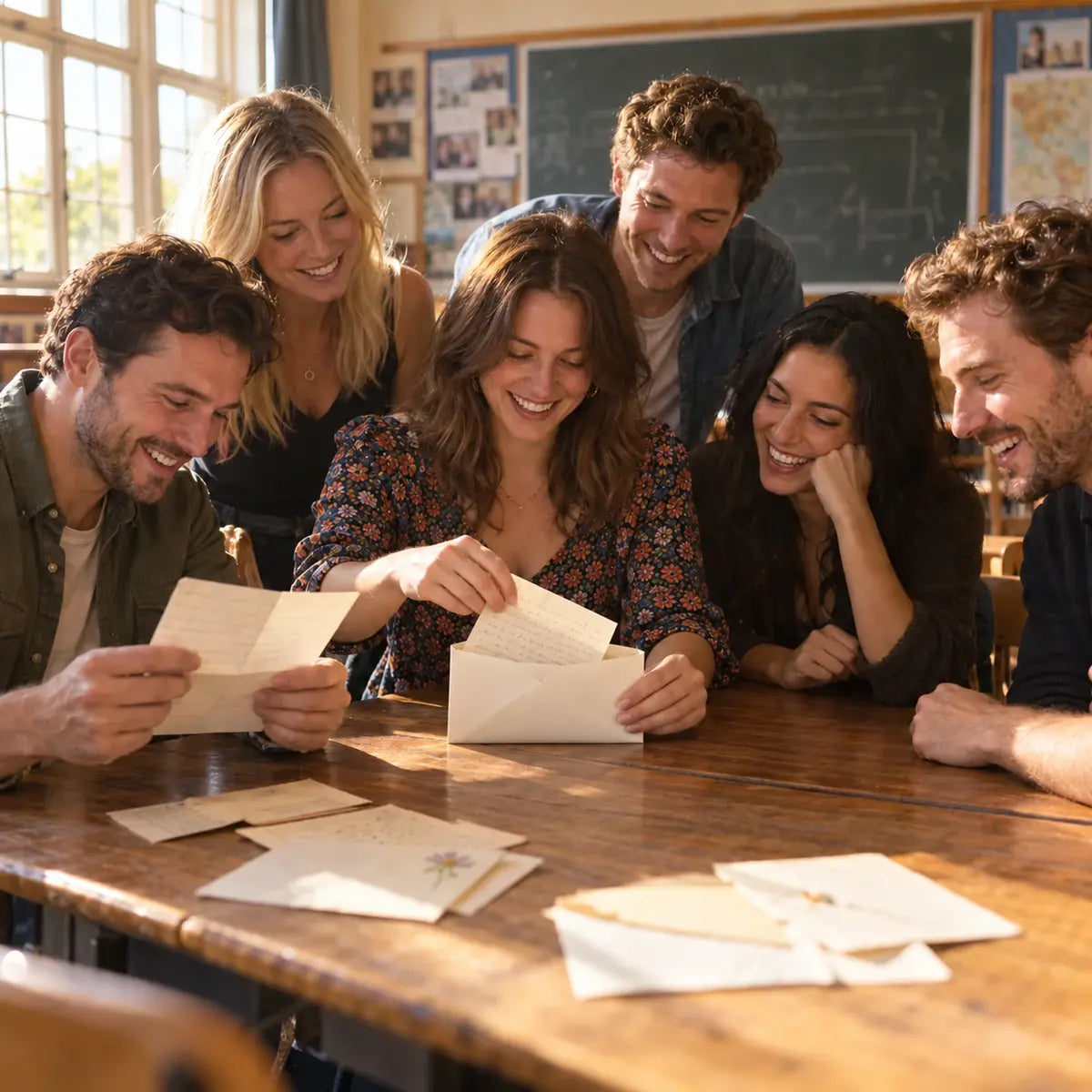 Former classmates sharing handwritten Time Capsule letters in a normal-sized envelope at a school reunion.