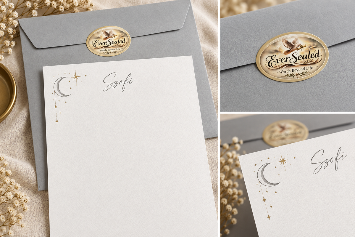 EverSealed Stars & Numbers presentation: pale grey C4 envelope with gold EverSealed bird seal and white cotton paper personalised for Szofi