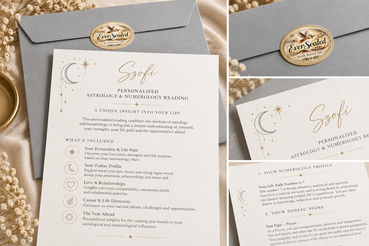 Example of the printed Stars & Numbers reading with illustrative numerology and zodiac text; grey envelope and gold EverSealed seal