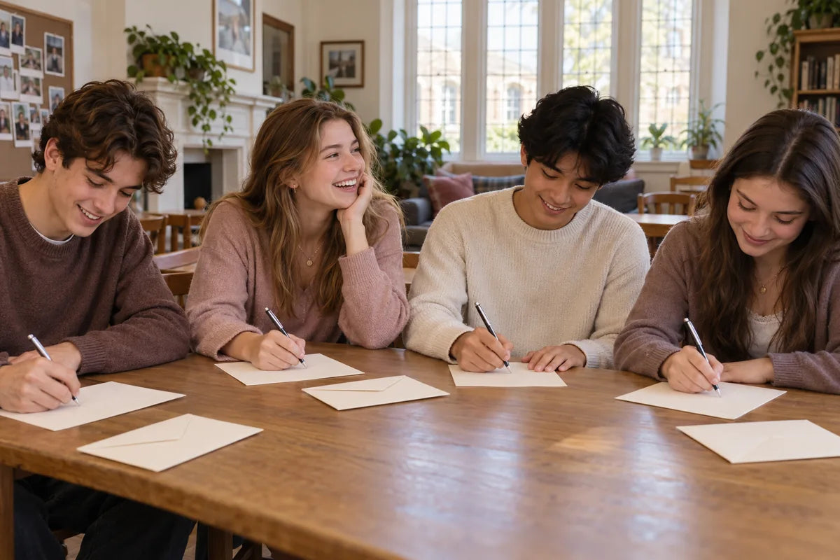Friends writing handwritten Time Capsule letters to their future selves at school.