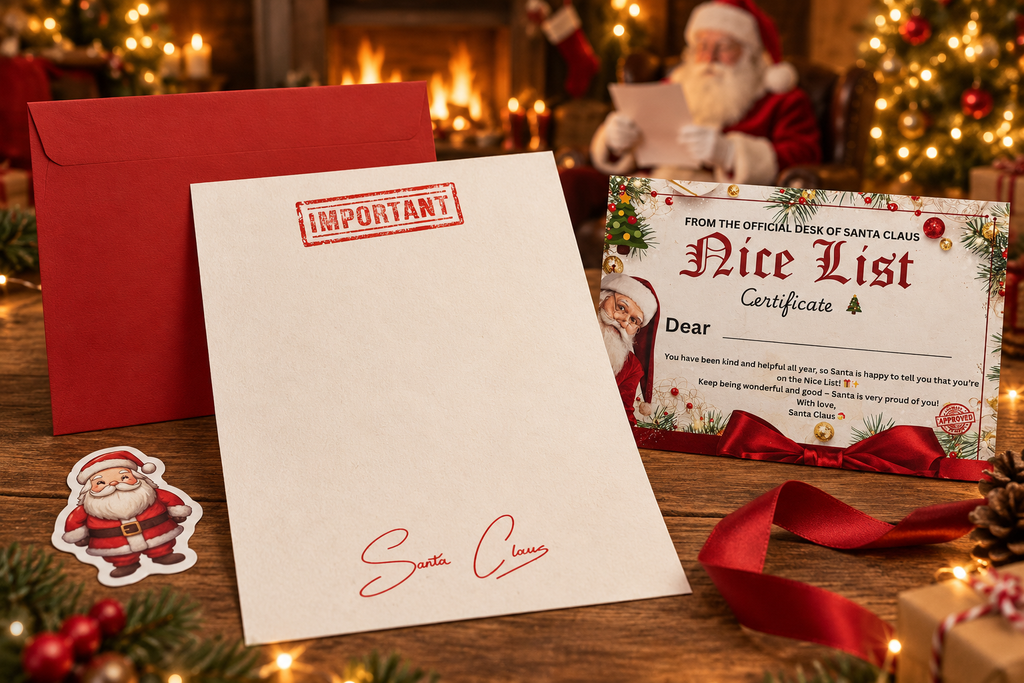Stamped cotton letter paper, red envelope and Nice List certificate on a Christmas desk with Santa softly blurred in the background