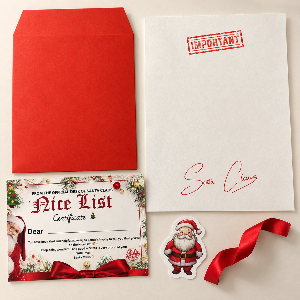 Santa’s Nice List Letter Kit with stamped cotton writing paper, red envelope, certificate, one Santa sticker and red ribbon
